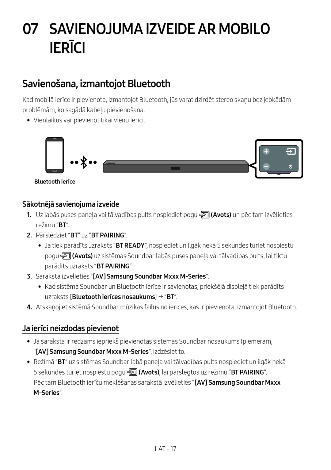 Samsung HW-M460/XE Savienojuma Izveide AR Mobilo Ierīci, Savienošana, izmantojot Bluetooth, Ja ierīci neizdodas pievienot 