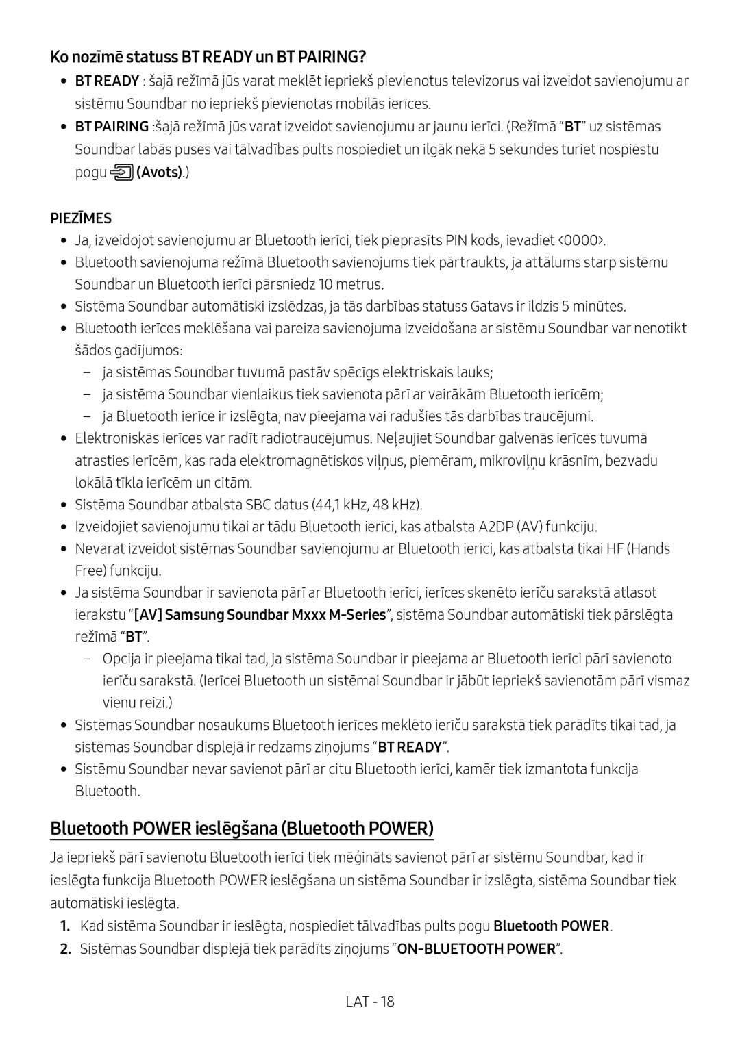 Samsung HW-M450/EN, HW-M450/ZG manual Bluetooth Power ieslēgšana Bluetooth Power, Ko nozīmē statuss BT Ready un BT PAIRING? 