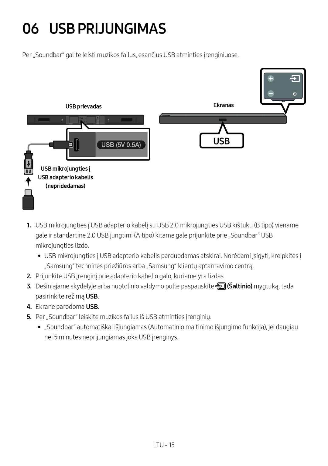 Samsung HW-M450/ZF manual USB Prijungimas, USB prievadas Ekranas, USB mikrojungties į USB adapterio kabelis Nepridedamas 