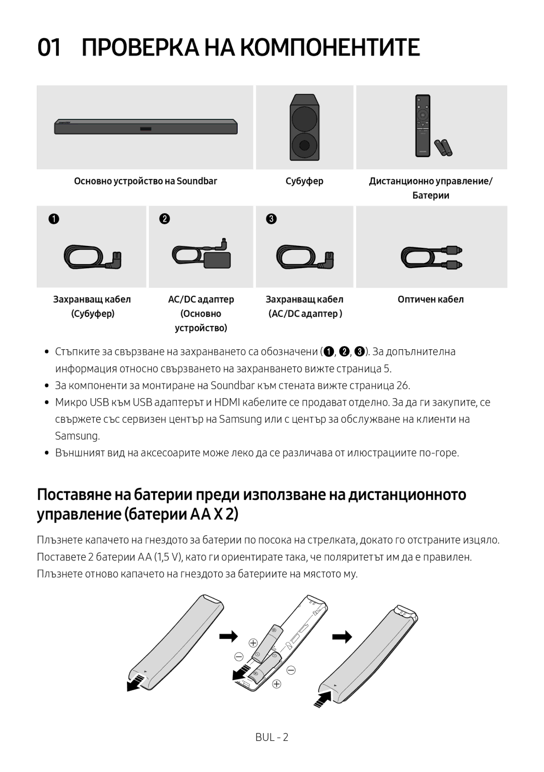 Samsung HW-M460/XE, HW-M450/EN manual 01 Проверка НА Компонентите, Основно устройство на Soundbar Субуфер, AC/DC адаптер 