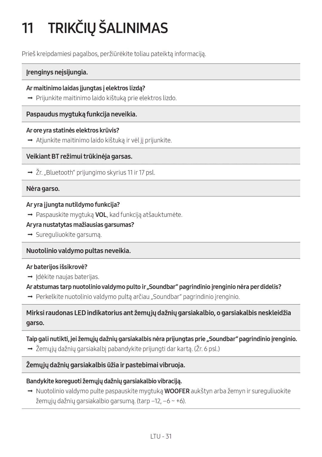 Samsung HW-M450/ZF, HW-M450/EN, HW-M450/ZG, HW-M460/XE manual Trikčių Šalinimas 