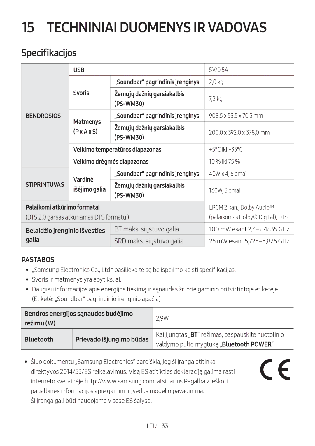 Samsung HW-M450/EN, HW-M450/ZG, HW-M450/ZF, HW-M460/XE manual Techniniai Duomenys IR Vadovas, Specifikacijos, Pastabos 