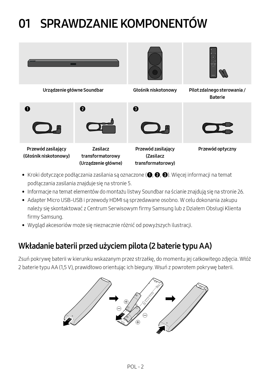 Samsung HW-M450/ZF, HW-M450/EN manual Sprawdzanie Komponentów, Wkładanie baterii przed użyciem pilota 2 baterie typu AA 