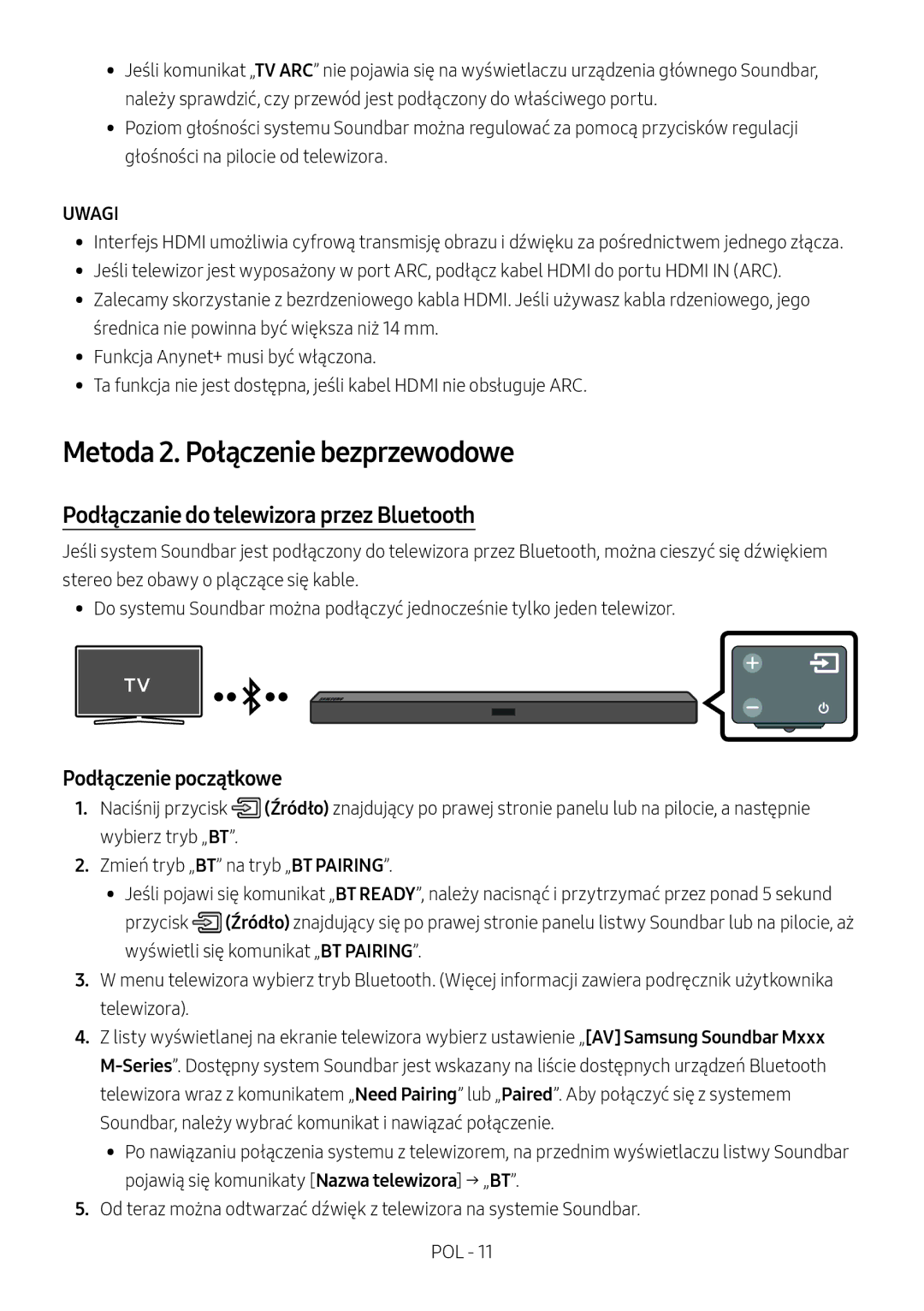 Samsung HW-M460/XE Metoda 2. Połączenie bezprzewodowe, Podłączanie do telewizora przez Bluetooth, Podłączenie początkowe 