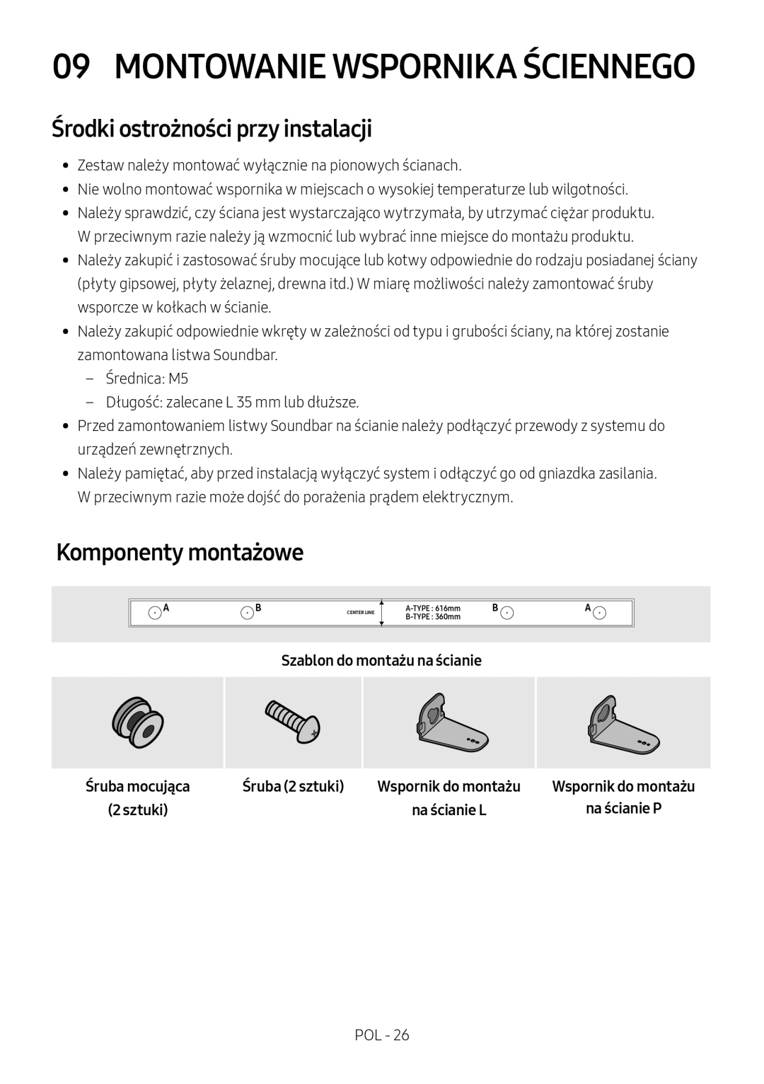 Samsung HW-M450/ZF Środki ostrożności przy instalacji, Komponenty montażowe, Na ścianie P, Szablon do montażu na ścianie 