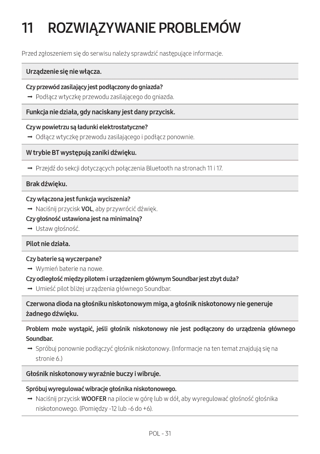 Samsung HW-M460/XE, HW-M450/EN, HW-M450/ZG, HW-M450/ZF manual Rozwiązywanie Problemów 