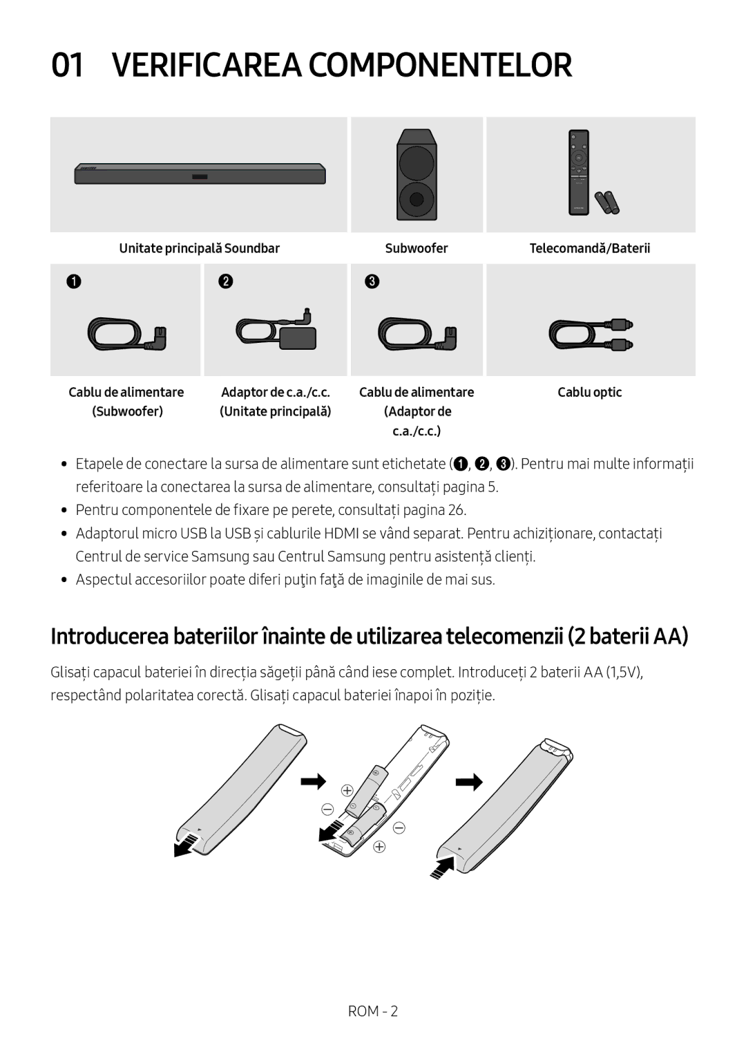 Samsung HW-M460/XE, HW-M450/EN manual Verificarea Componentelor, Unitate principală Soundbar Subwoofer, Adaptor de c.a./c.c 