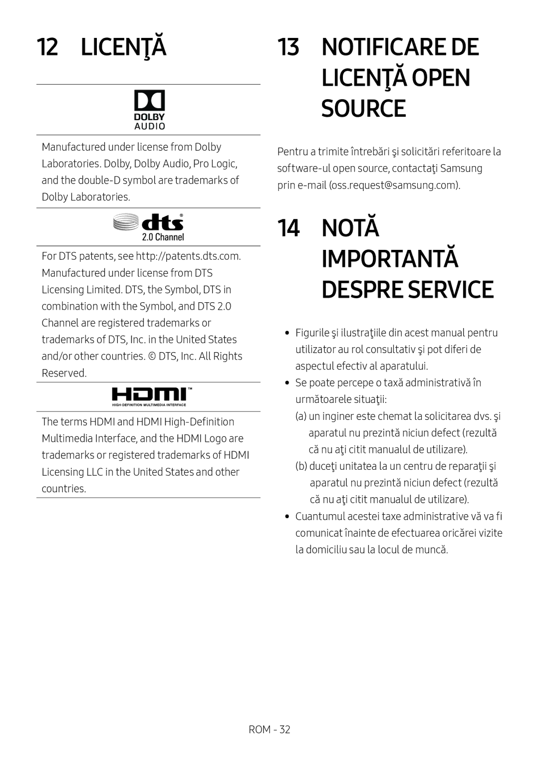 Samsung HW-M450/ZG, HW-M450/EN, HW-M450/ZF, HW-M460/XE manual Licenţă, 14 Notă 