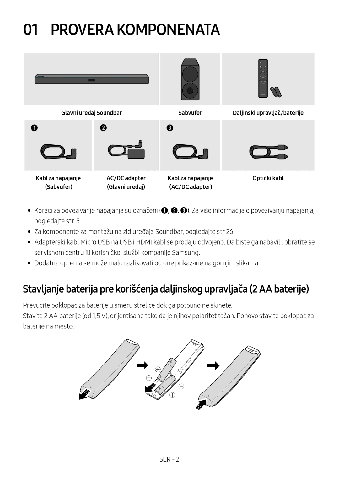 Samsung HW-M450/EN, HW-M450/ZG, HW-M450/ZF, HW-M460/XE manual Provera Komponenata, Glavni uređaj Soundbar, Sabvufer 