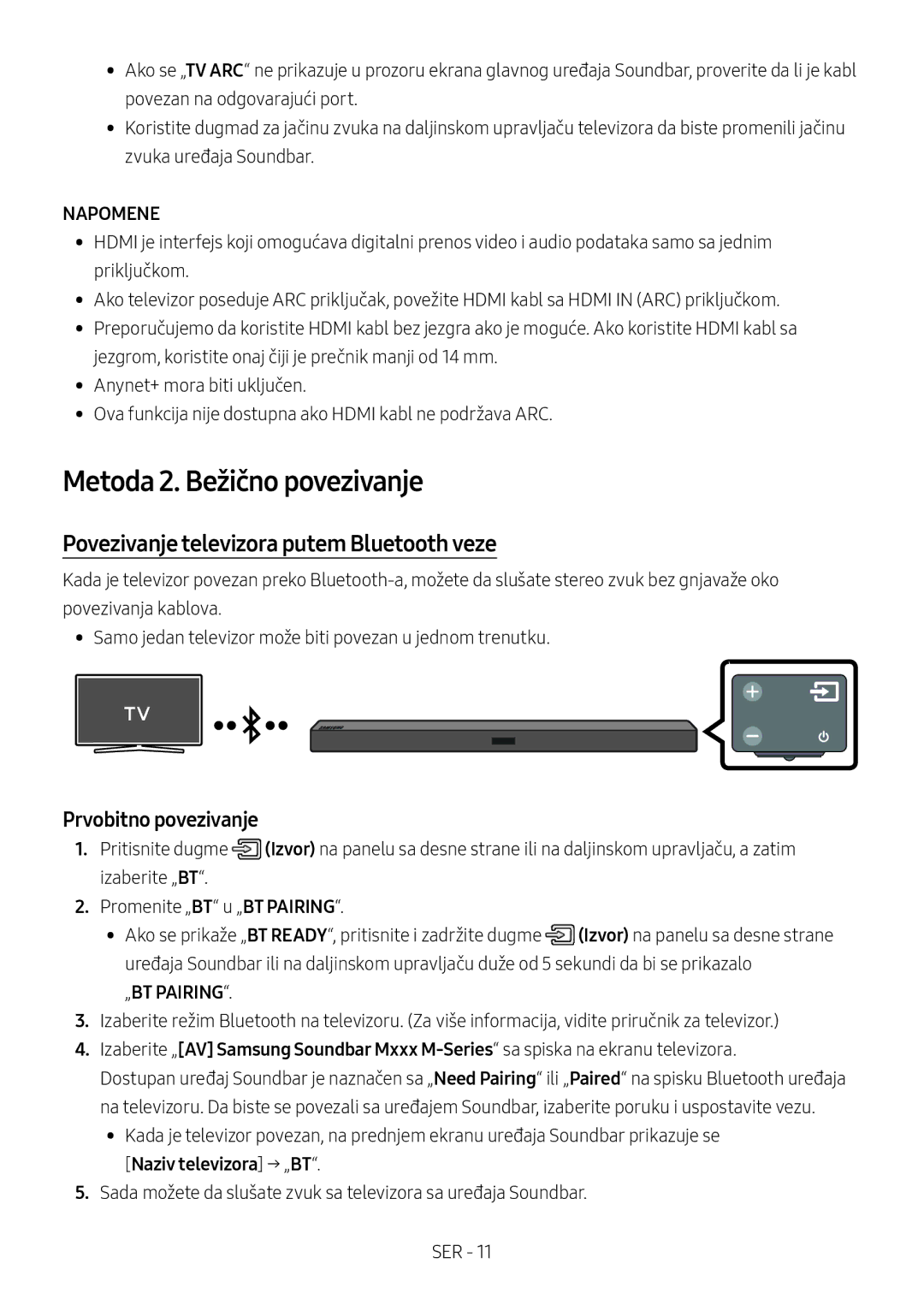 Samsung HW-M450/ZG manual Metoda 2. Bežično povezivanje, Povezivanje televizora putem Bluetooth veze, Prvobitno povezivanje 