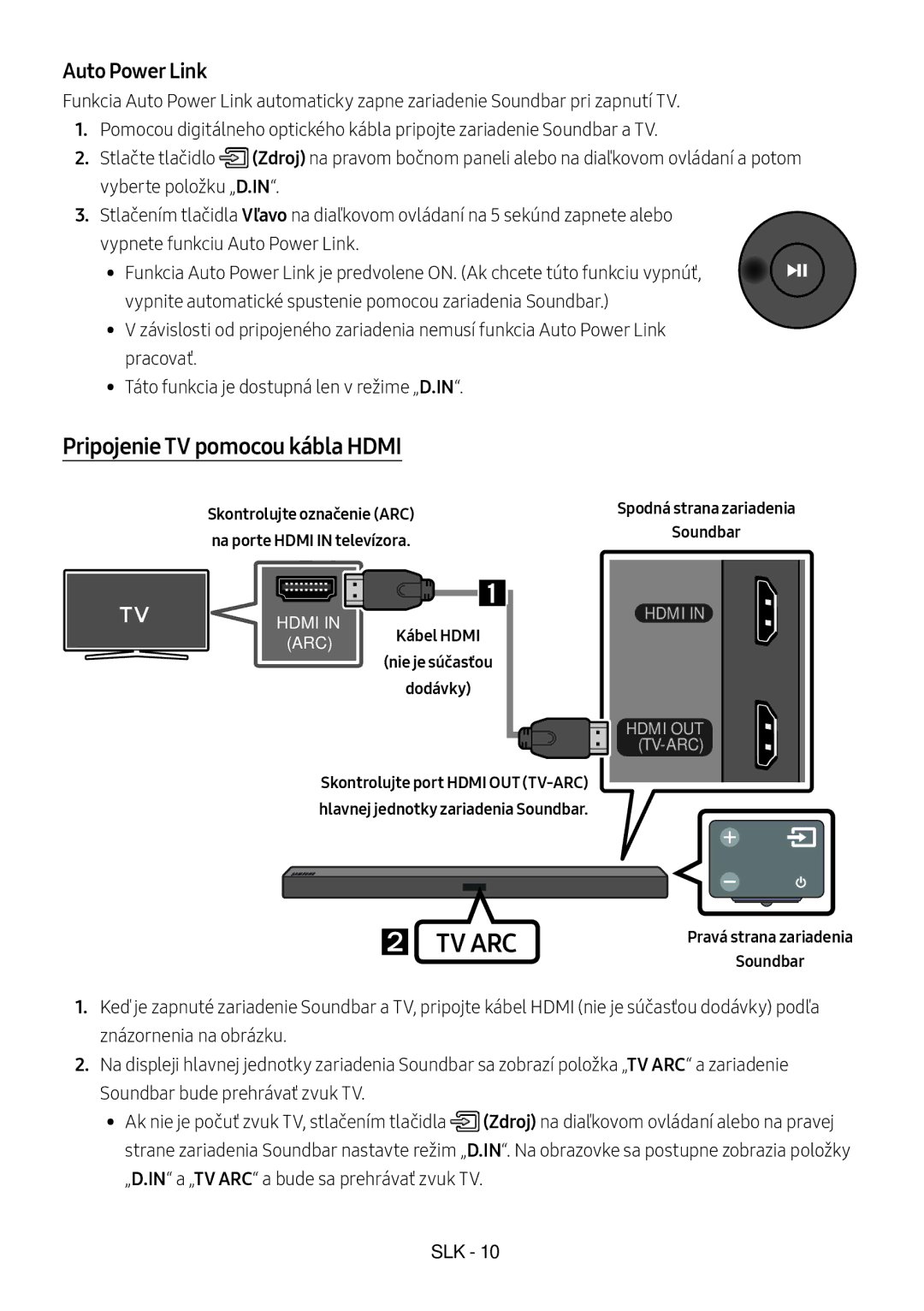 Samsung HW-M450/ZG, HW-M450/EN, HW-M450/ZF manual Pripojenie TV pomocou kábla Hdmi, ARC Kábel Hdmi nie je súčasťou Dodávky 