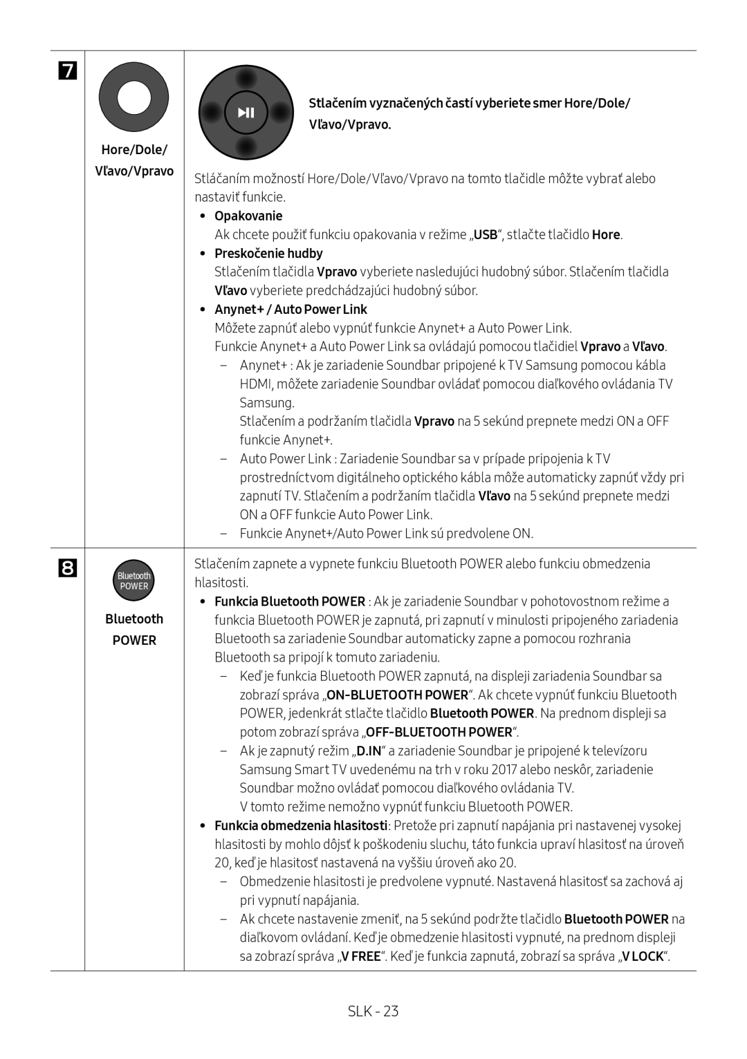 Samsung HW-M450/ZF, HW-M450/EN, HW-M450/ZG, HW-M460/XE manual Hore/Dole Vľavo/Vpravo, Opakovanie, Preskočenie hudby 