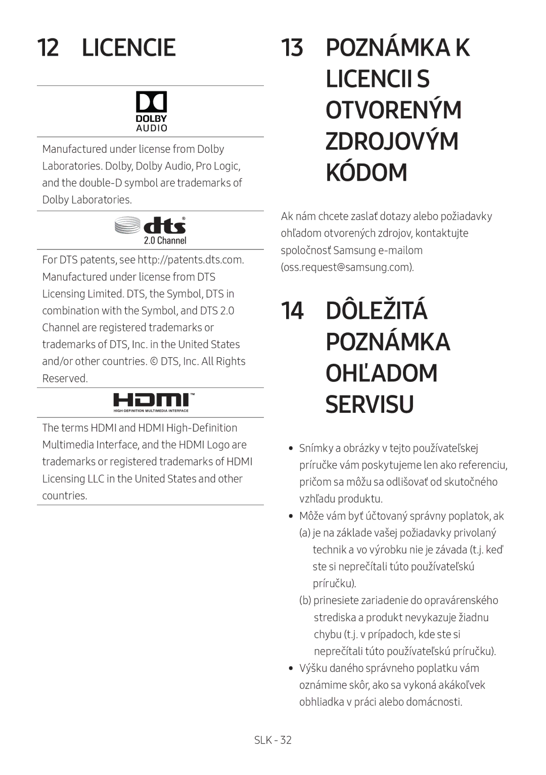 Samsung HW-M460/XE, HW-M450/EN, HW-M450/ZG, HW-M450/ZF manual Licencie, 14 Dôležitá Poznámka 