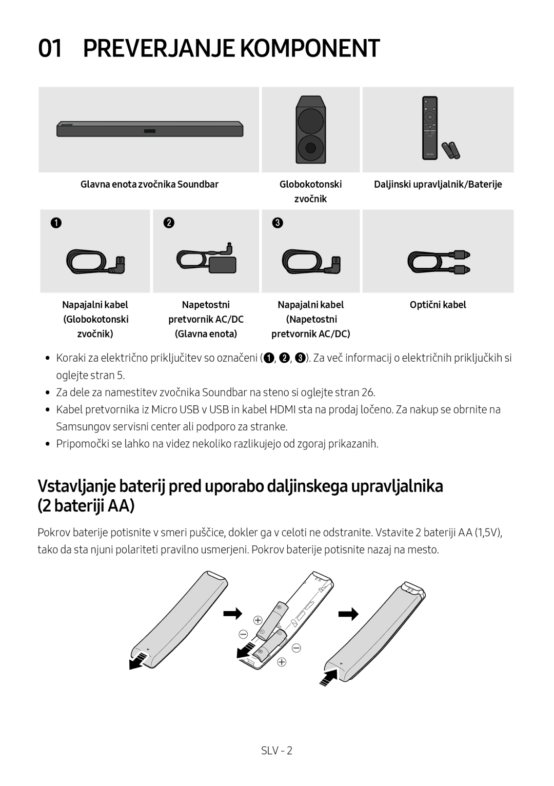 Samsung HW-M450/ZF, HW-M450/EN, HW-M450/ZG, HW-M460/XE manual Preverjanje Komponent, Glavna enota zvočnika Soundbar 