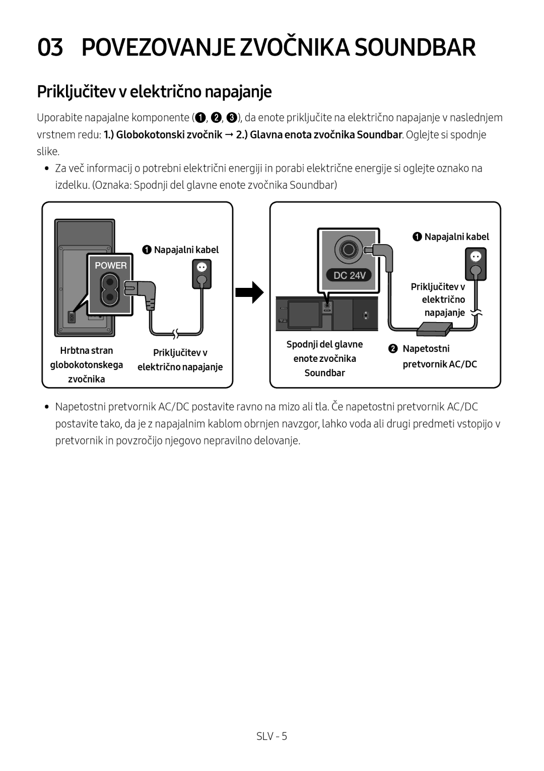 Samsung HW-M450/ZG manual Povezovanje Zvočnika Soundbar, Priključitev v električno napajanje, 1Napajalni kabel, Napetostni 