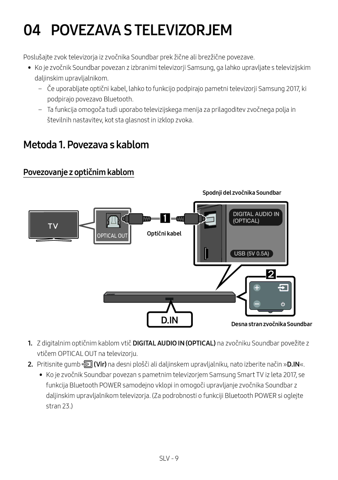 Samsung HW-M450/ZG, HW-M450/EN manual Povezava S Televizorjem, Metoda 1. Povezava s kablom, Povezovanje z optičnim kablom 