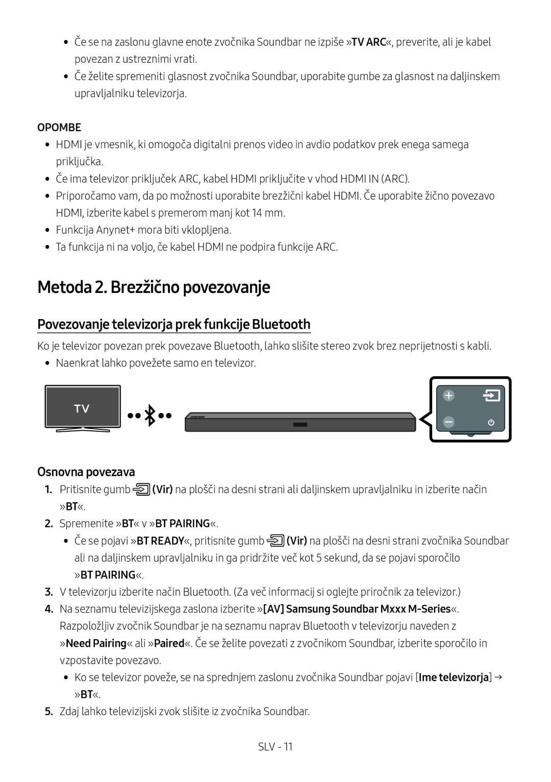 Samsung HW-M460/XE Metoda 2. Brezžično povezovanje, Povezovanje televizorja prek funkcije Bluetooth, Osnovna povezava 