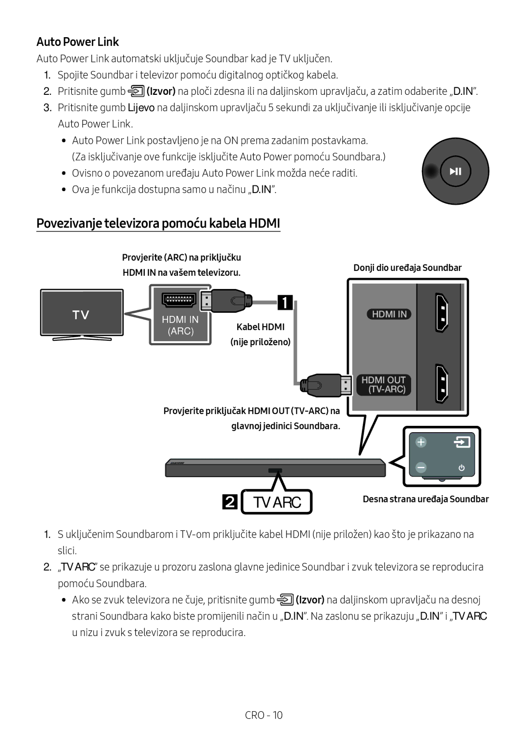 Samsung HW-M450/EN Povezivanje televizora pomoću kabela Hdmi, Provjerite ARC na priključku Hdmi in na vašem televizoru 