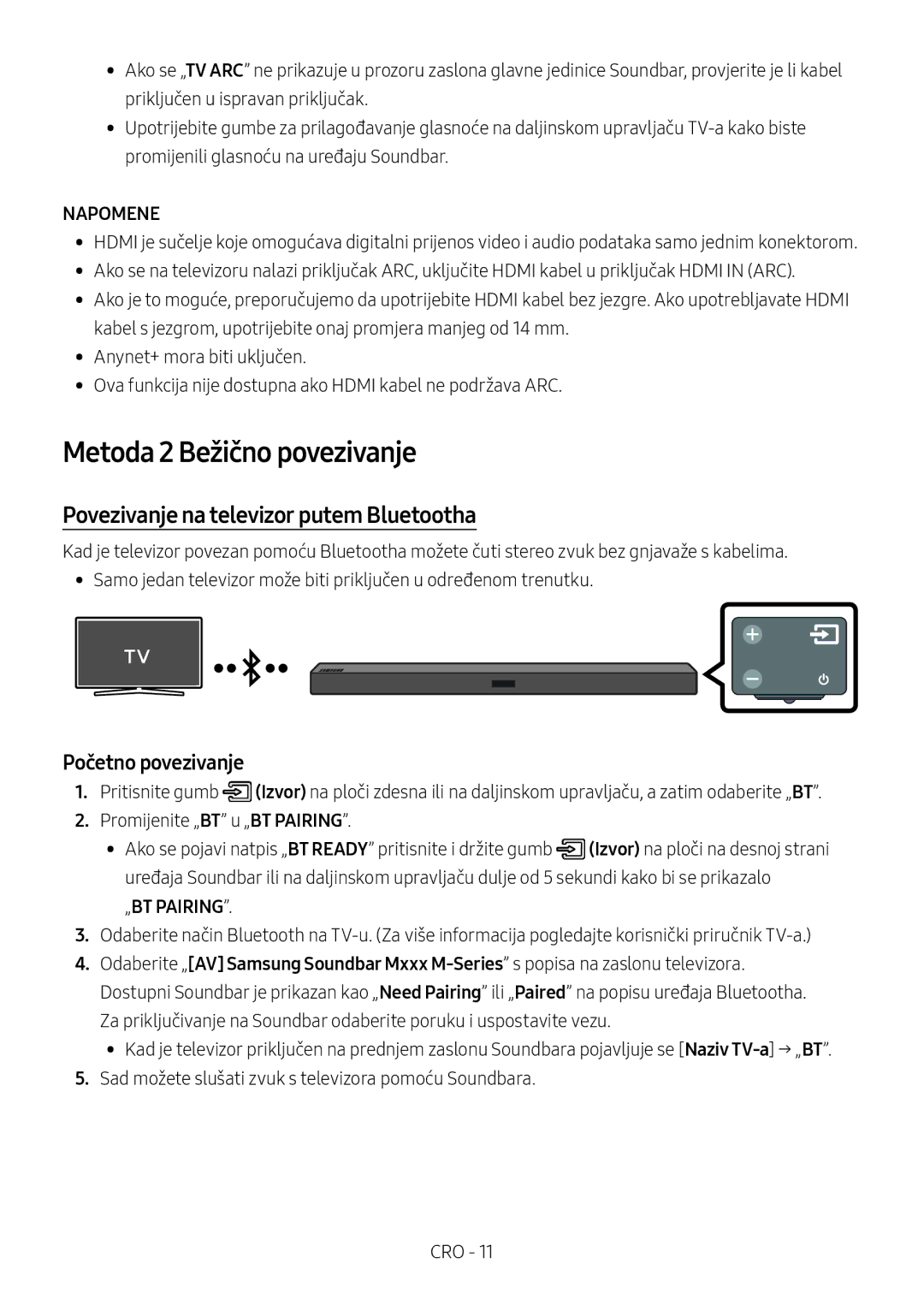 Samsung HW-M450/ZG manual Metoda 2 Bežično povezivanje, Povezivanje na televizor putem Bluetootha, Početno povezivanje 