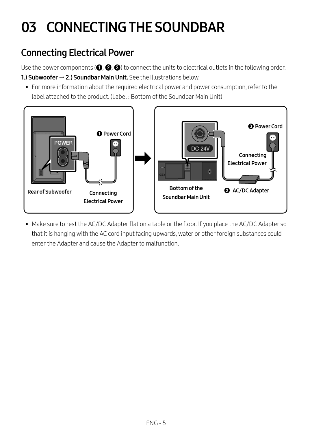 Samsung HW-M450/ZG, HW-M450/EN, HW-M450/ZF Connecting the Soundbar, Connecting Electrical Power, 1Power Cord, AC/DC Adapter 