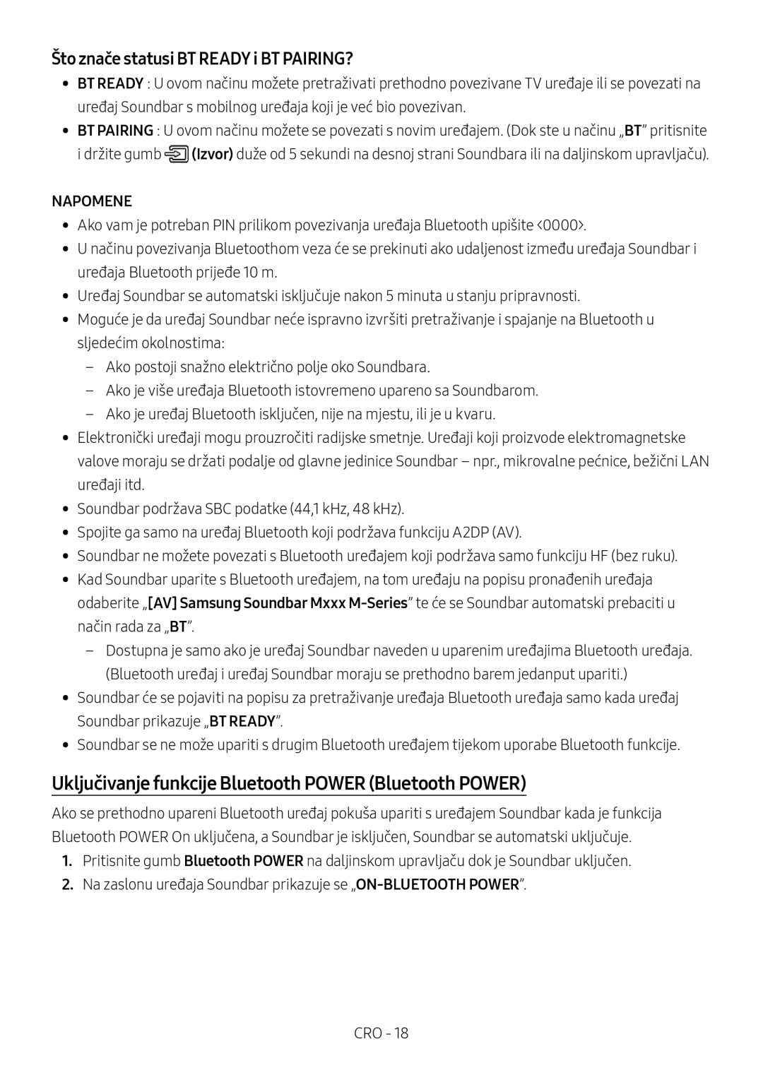 Samsung HW-M450/EN manual Uključivanje funkcije Bluetooth Power Bluetooth Power, Što znače statusi BT Ready i BT PAIRING? 