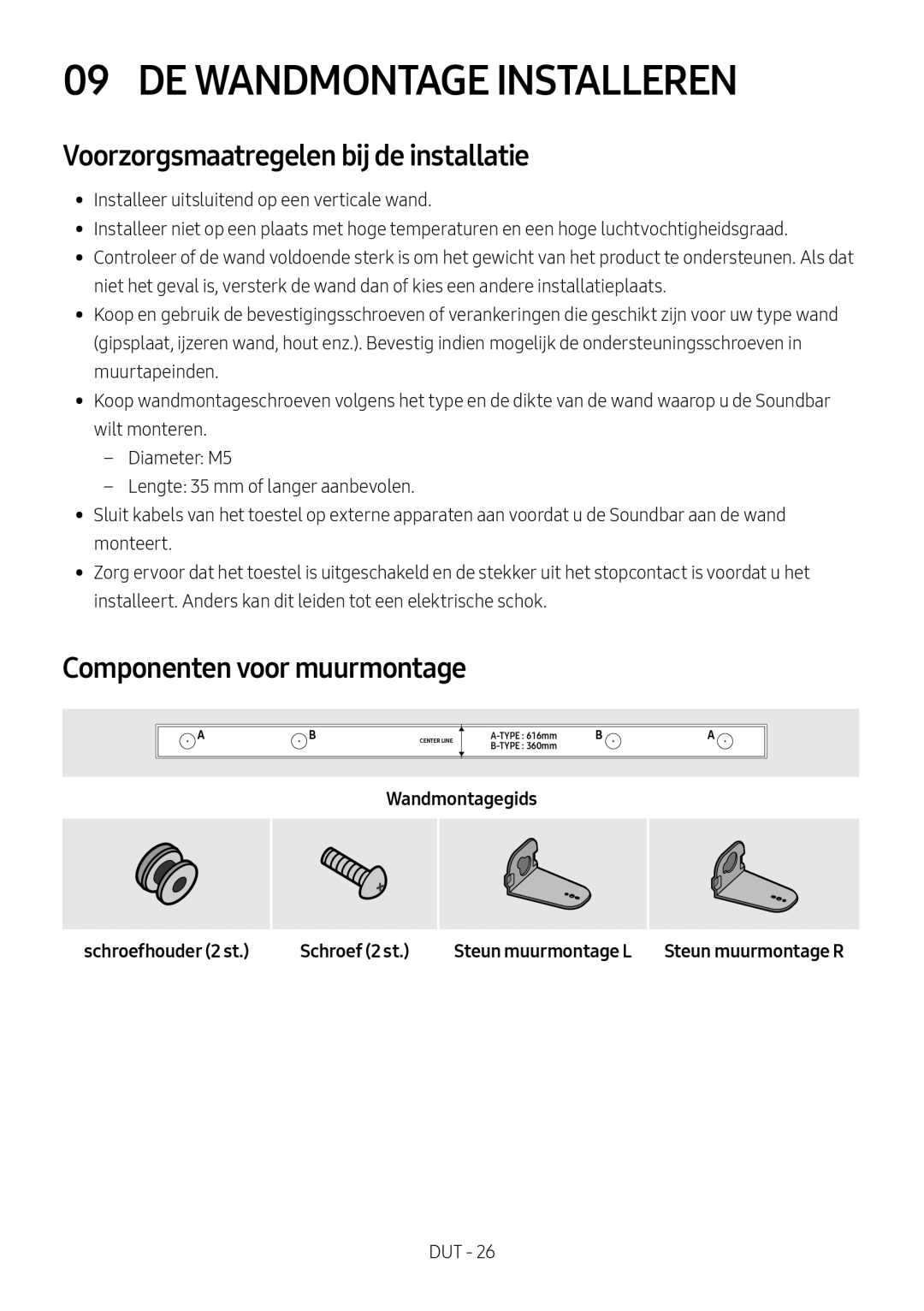 Samsung HW-M450/EN manual DE Wandmontage Installeren, Voorzorgsmaatregelen bij de installatie, Componenten voor muurmontage 