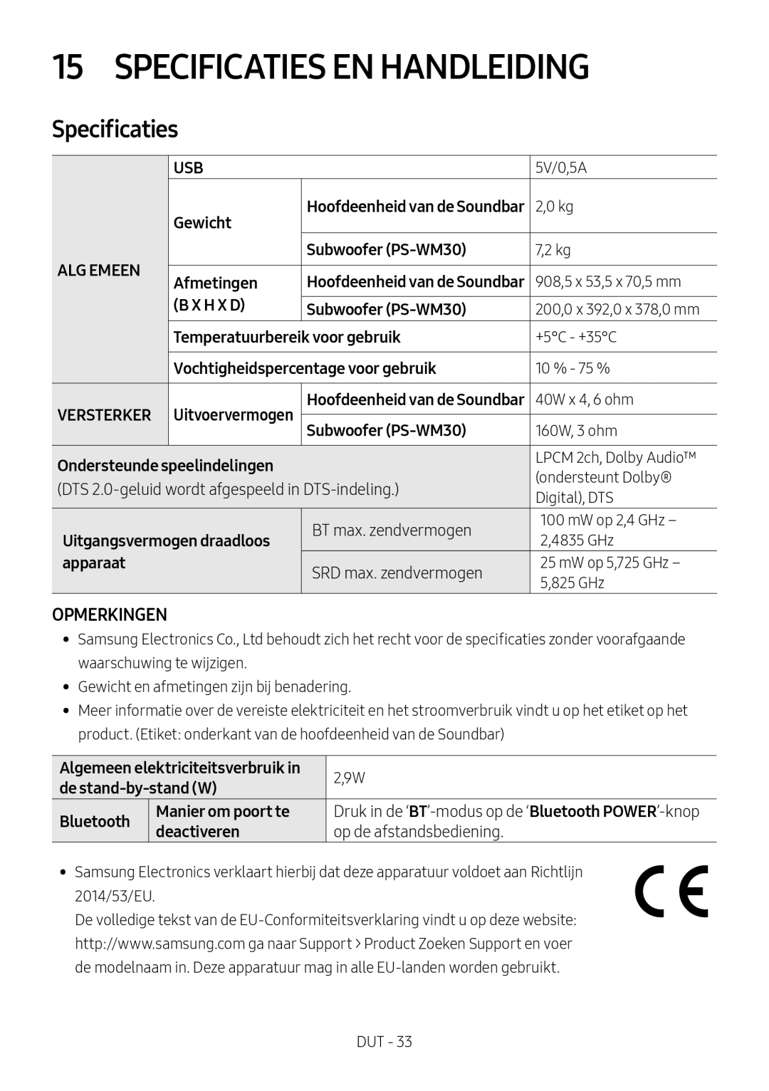 Samsung HW-M460/XE, HW-M450/EN, HW-M450/ZG, HW-M450/ZF manual Specificaties EN Handleiding 