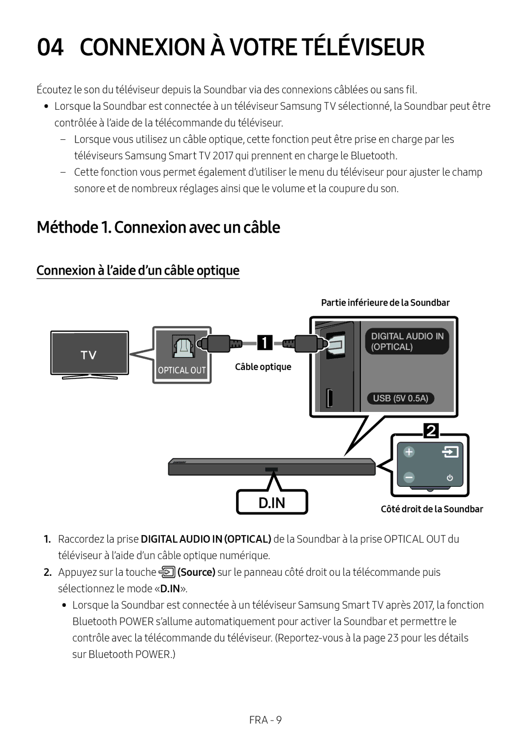 Samsung HW-M450/EN Connexion À Votre Téléviseur, Méthode 1. Connexion avec un câble, Connexion à l’aide d’un câble optique 