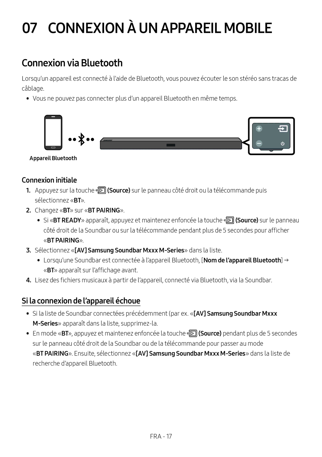 Samsung HW-M450/EN manual Connexion À UN Appareil Mobile, Connexion via Bluetooth, Si la connexion de l’appareil échoue 