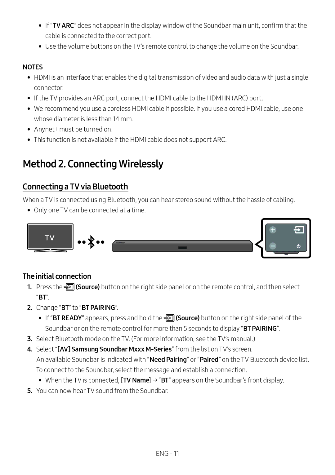 Samsung HW-M460/XE, HW-M450/EN manual Method 2. Connecting Wirelessly, Connecting a TV via Bluetooth, Initial connection 