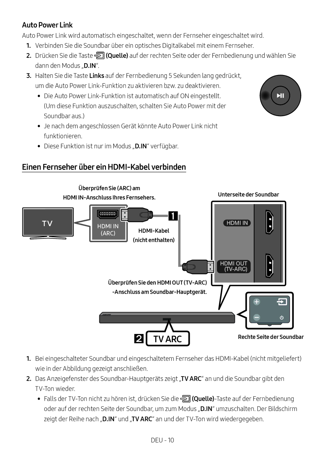 Samsung HW-M460/XE Einen Fernseher über ein HDMI-Kabel verbinden, Überprüfen Sie ARC am Hdmi IN-Anschluss Ihres Fernsehers 