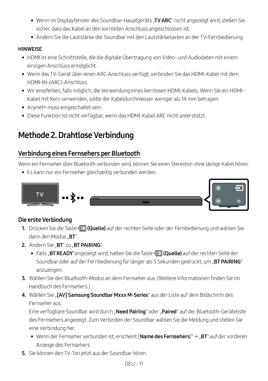 Samsung HW-M450/EN manual Methode 2. Drahtlose Verbindung, Verbindung eines Fernsehers per Bluetooth, Die erste Verbindung 