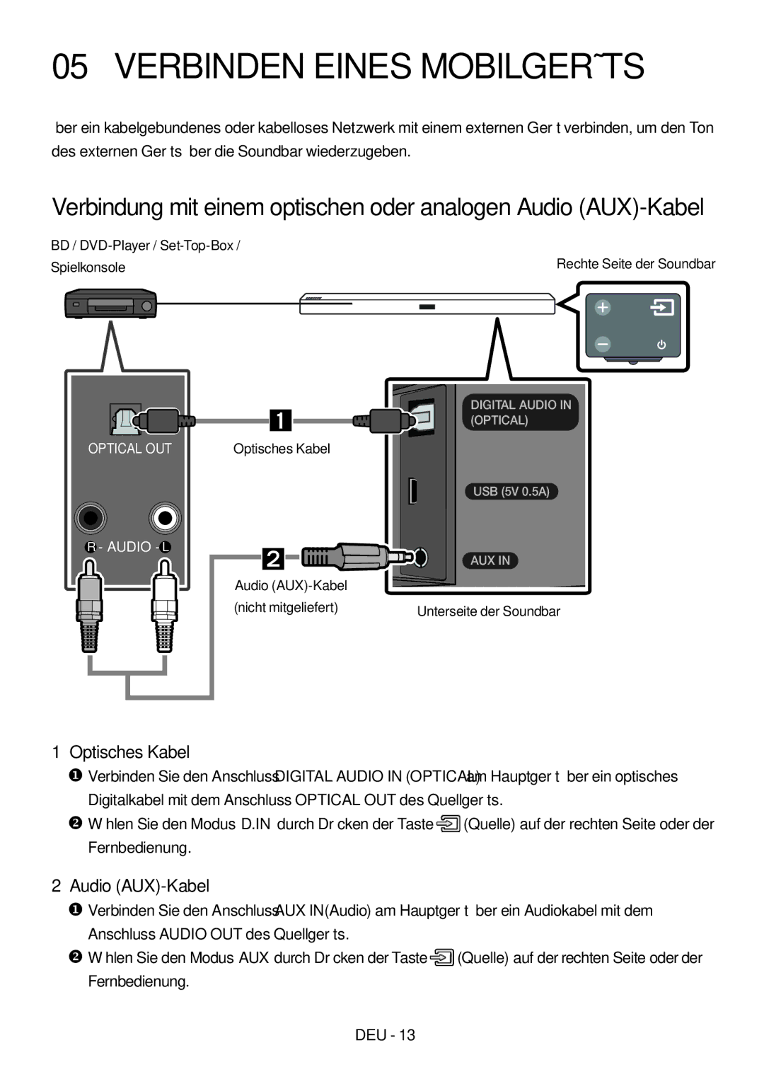 Samsung HW-M450/ZF, HW-M450/EN, HW-M450/ZG, HW-M460/XE manual Verbinden Eines Mobilgeräts, Optisches Kabel, Audio AUX-Kabel 