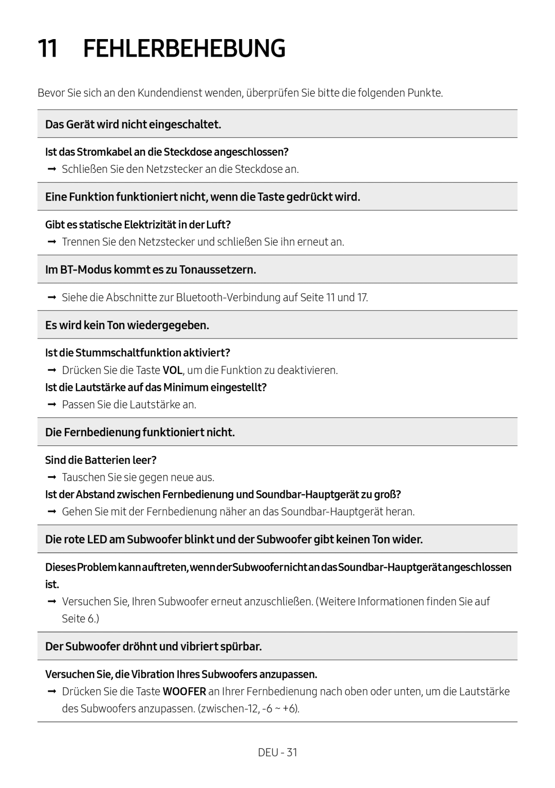 Samsung HW-M450/EN, HW-M450/ZG, HW-M450/ZF, HW-M460/XE manual Fehlerbehebung 