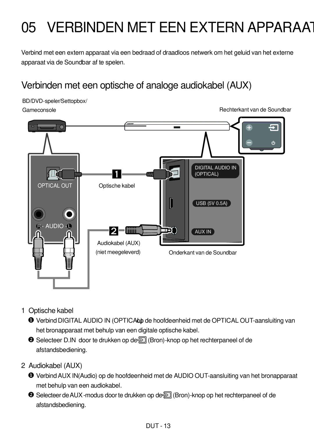 Samsung HW-M460/XE, HW-M450/EN manual Verbinden met een optische of analoge audiokabel AUX, Optische kabel, Audiokabel AUX 