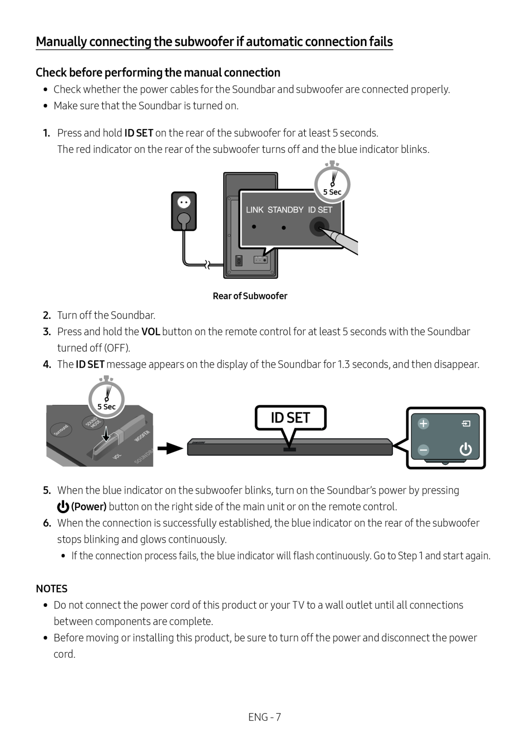 Samsung HW-M460/XE, HW-M450/EN, HW-M450/ZG manual Id Set, Manually connecting the subwoofer if automatic connection fails 