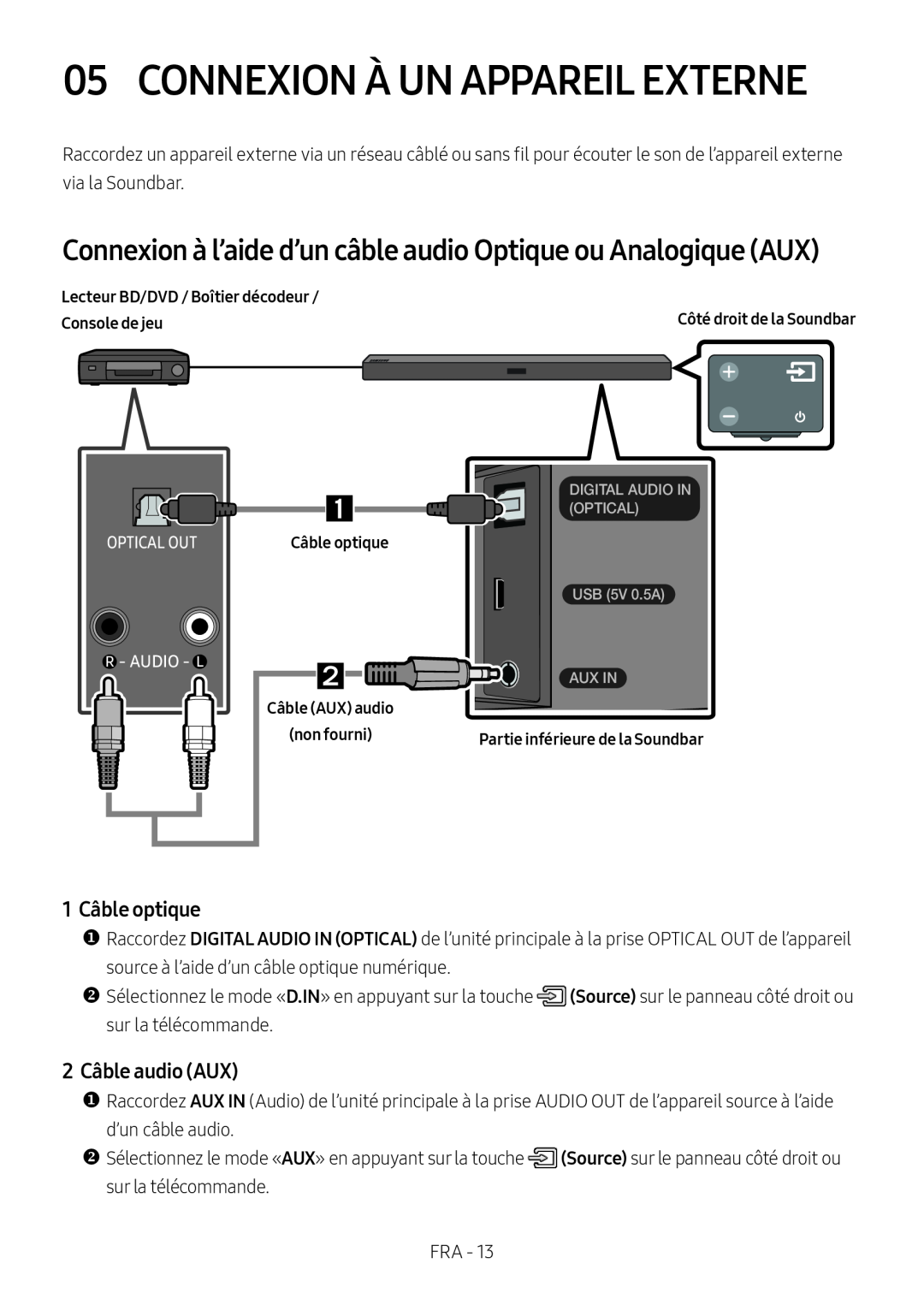 Samsung HW-M450/EN manual Connexion À Un Appareil Externe, Connexion à l’aide d’un câble audio Optique ou Analogique AUX 