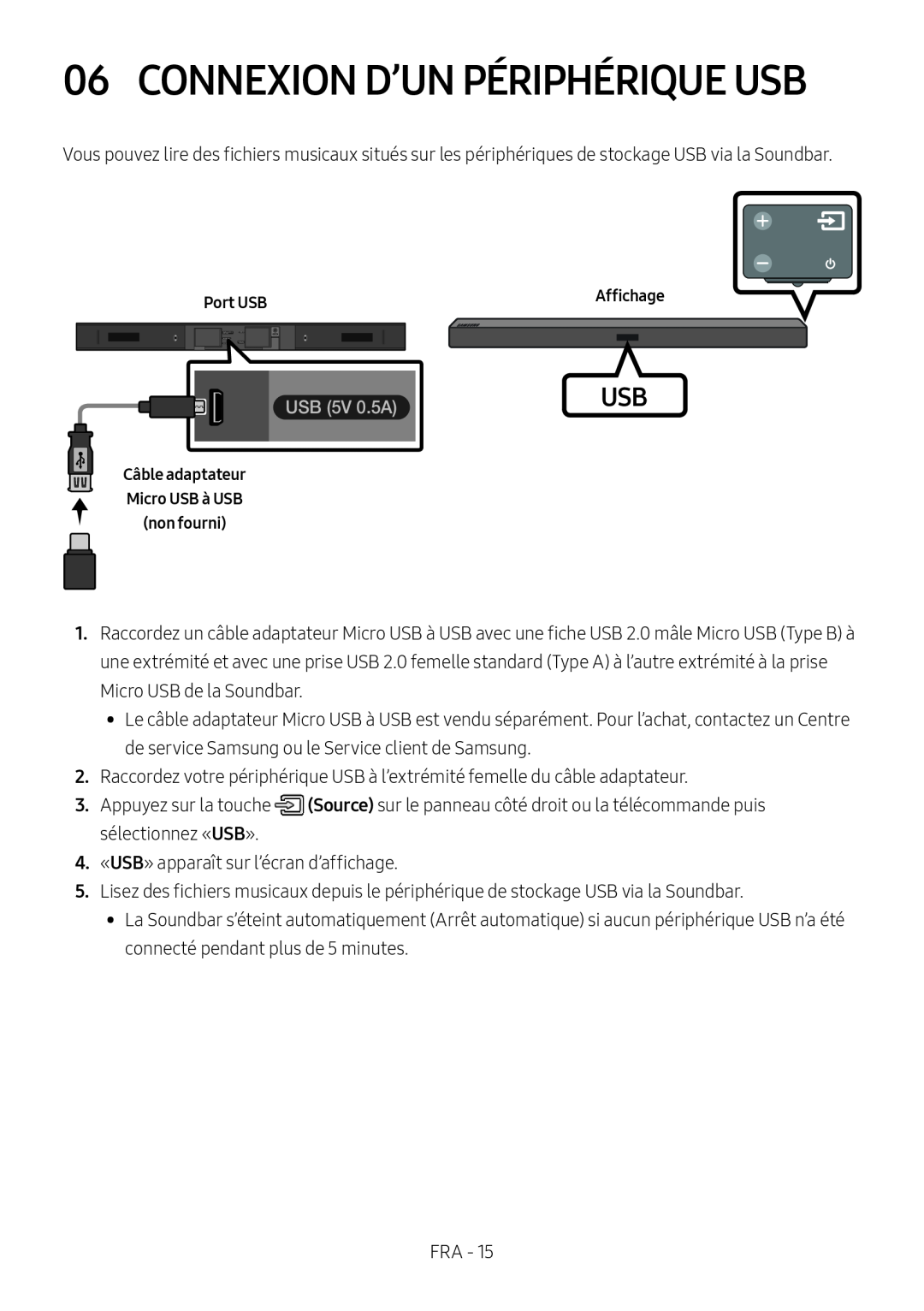 Samsung HW-M450/ZF, HW-M450/EN Connexion D’Un Périphérique Usb, USB 5V 0.5A, Câble adaptateur Micro USB à USB non fourni 