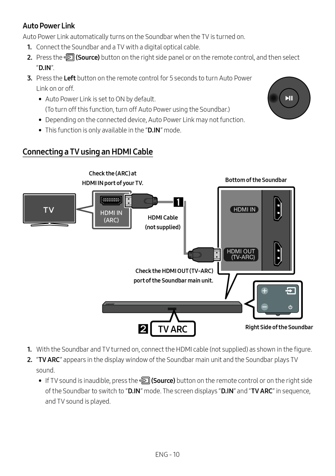 Samsung HW-M450/ZF, HW-M450/EN, HW-M450/ZG, HW-M460/XE manual  Tv Arc, Connecting a TV using an HDMI Cable, Auto Power Link 