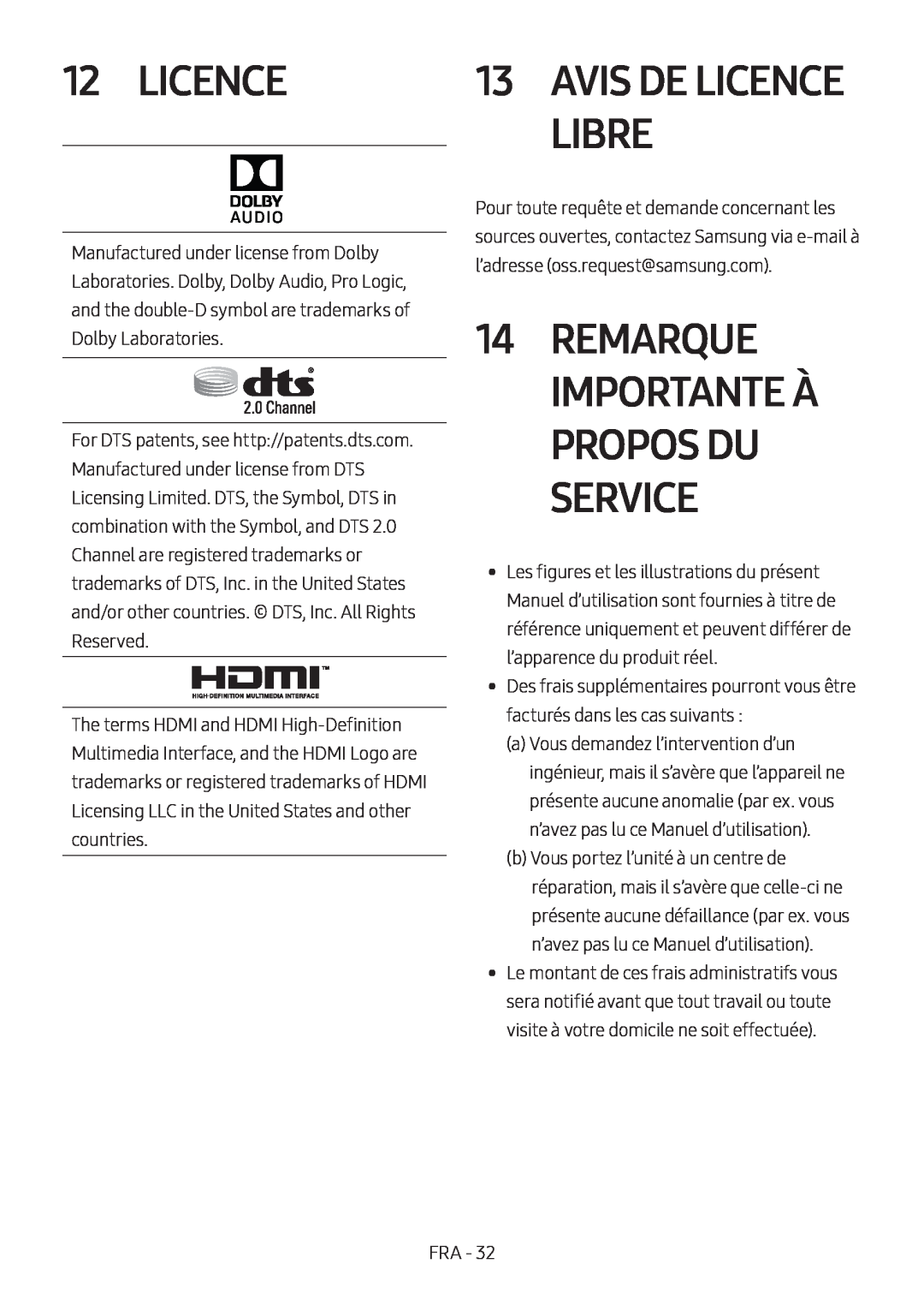 Samsung HW-M460/XE, HW-M450/EN, HW-M450/ZG, HW-M450/ZF manual Remarque Importante À Propos Du Service, Avis De Licence Libre 