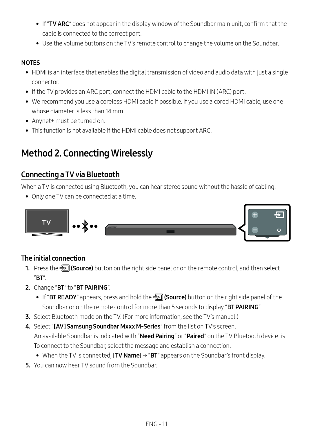 Samsung HW-M460/XE, HW-M450/EN manual Method 2. Connecting Wirelessly, Connecting a TV via Bluetooth, The initial connection 