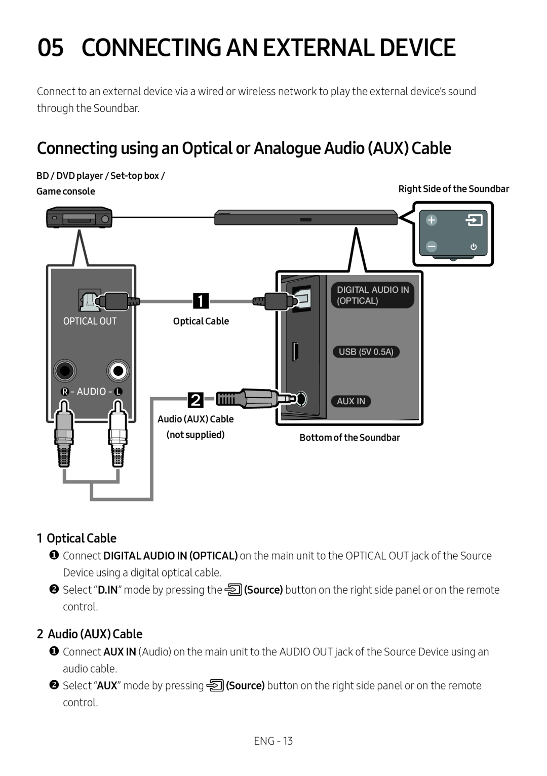 Samsung HW-M450/ZG Connecting An External Device, Connecting using an Optical or Analogue Audio AUX Cable, Optical Cable 