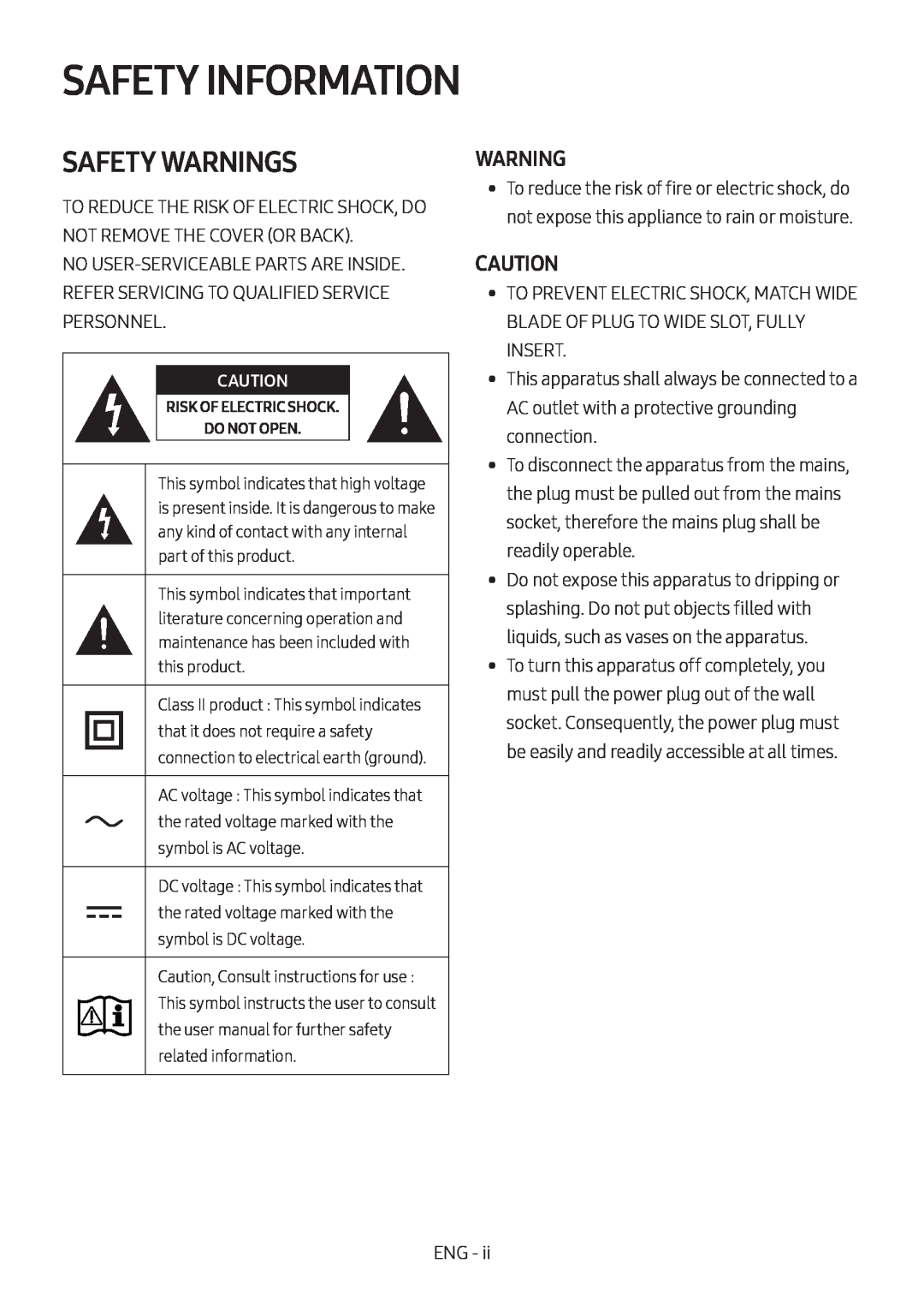 Samsung HW-M450/ZF, HW-M450/EN, HW-M450/ZG, HW-M460/XE manual Safety Information, Safety Warnings 
