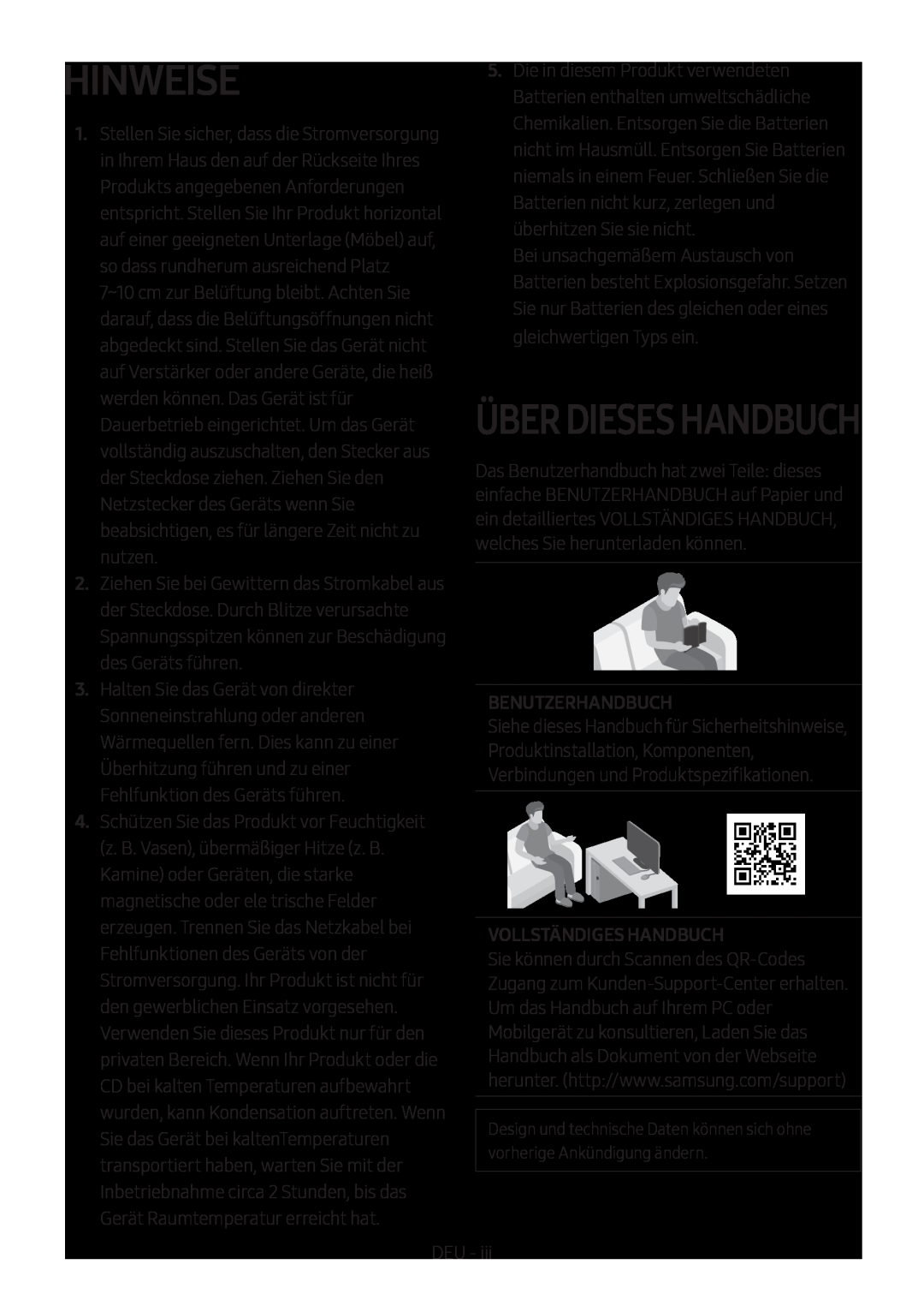 Samsung HW-M450/EN, HW-M450/ZG, HW-M450/ZF manual Hinweise, Über Dieses Handbuch, Benutzerhandbuch, Vollständiges Handbuch 