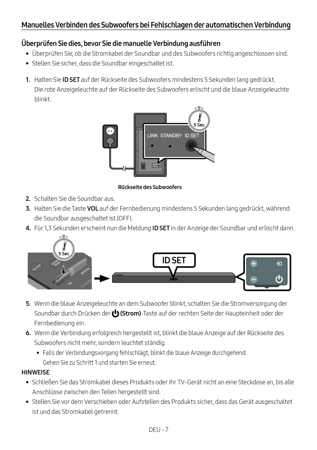 Samsung HW-M450/EN, HW-M450/ZG manual Überprüfen Sie dies, bevor Sie die manuelle Verbindung ausführen, Hinweise, Id Set 