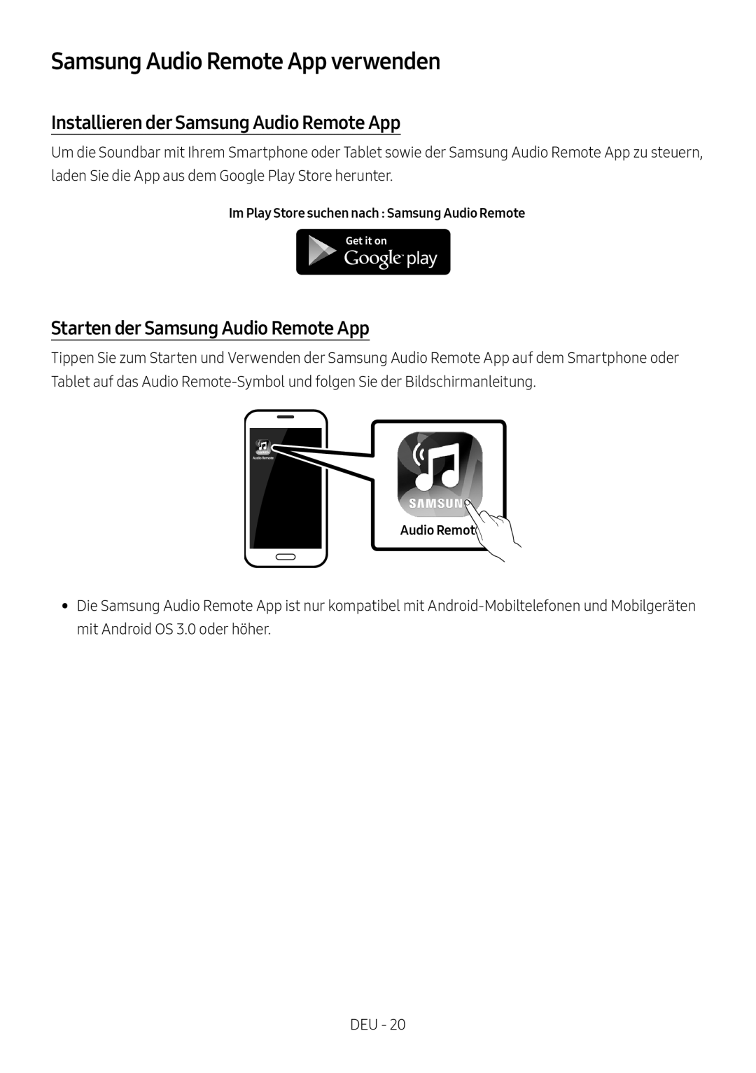 Samsung HW-M450/ZG, HW-M450/EN, HW-M450/ZF Samsung Audio Remote App verwenden, Installieren der Samsung Audio Remote App 