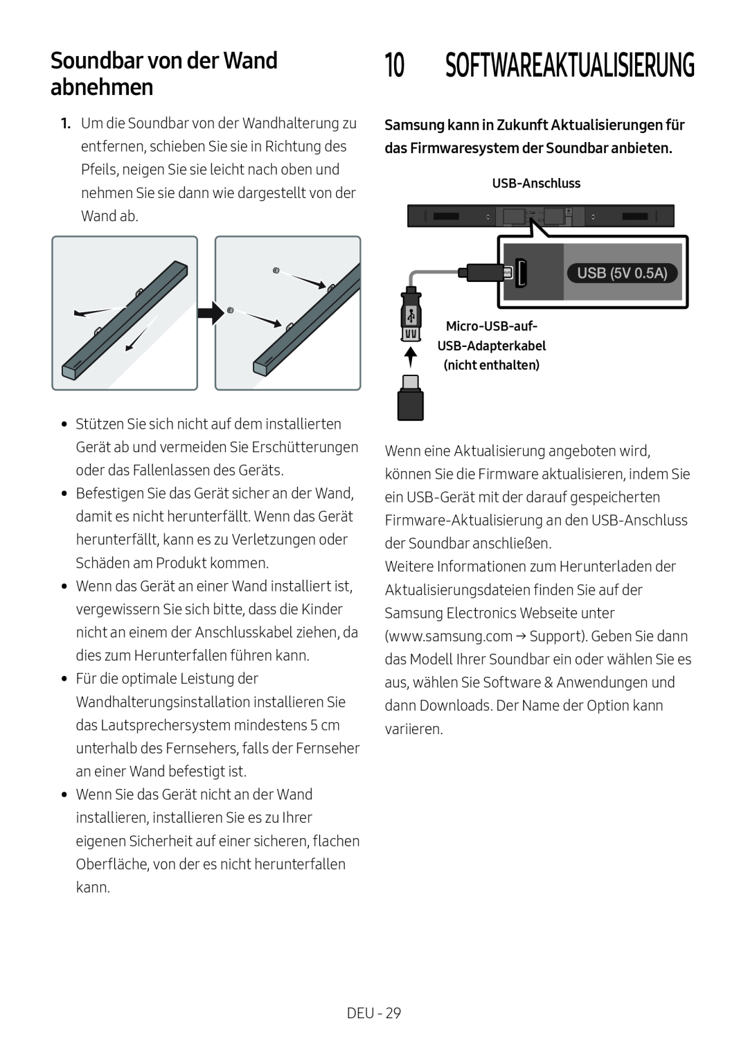 Samsung HW-M450/ZF, HW-M450/EN, HW-M450/ZG, HW-M460/XE Soundbar von der Wand abnehmen, Softwareaktualisierung, USB 5V 0.5A 