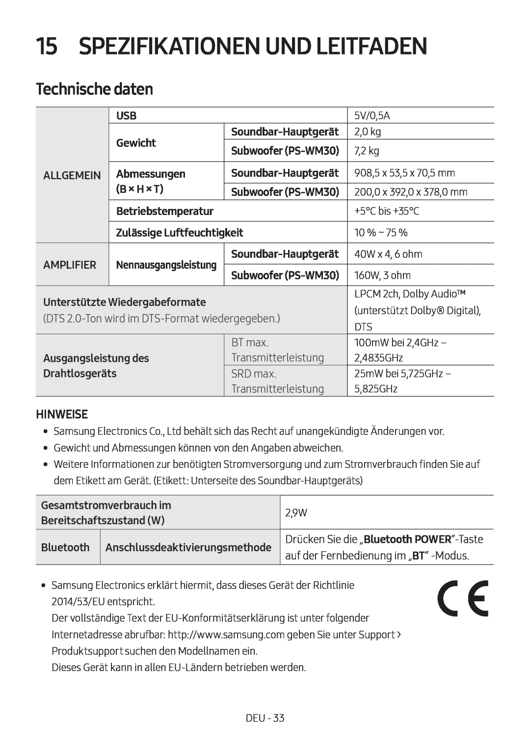 Samsung HW-M450/ZF Spezifikationen Und Leitfaden, Technische daten, Hinweise, Gewicht, Soundbar-Hauptgerät, Allgemein 