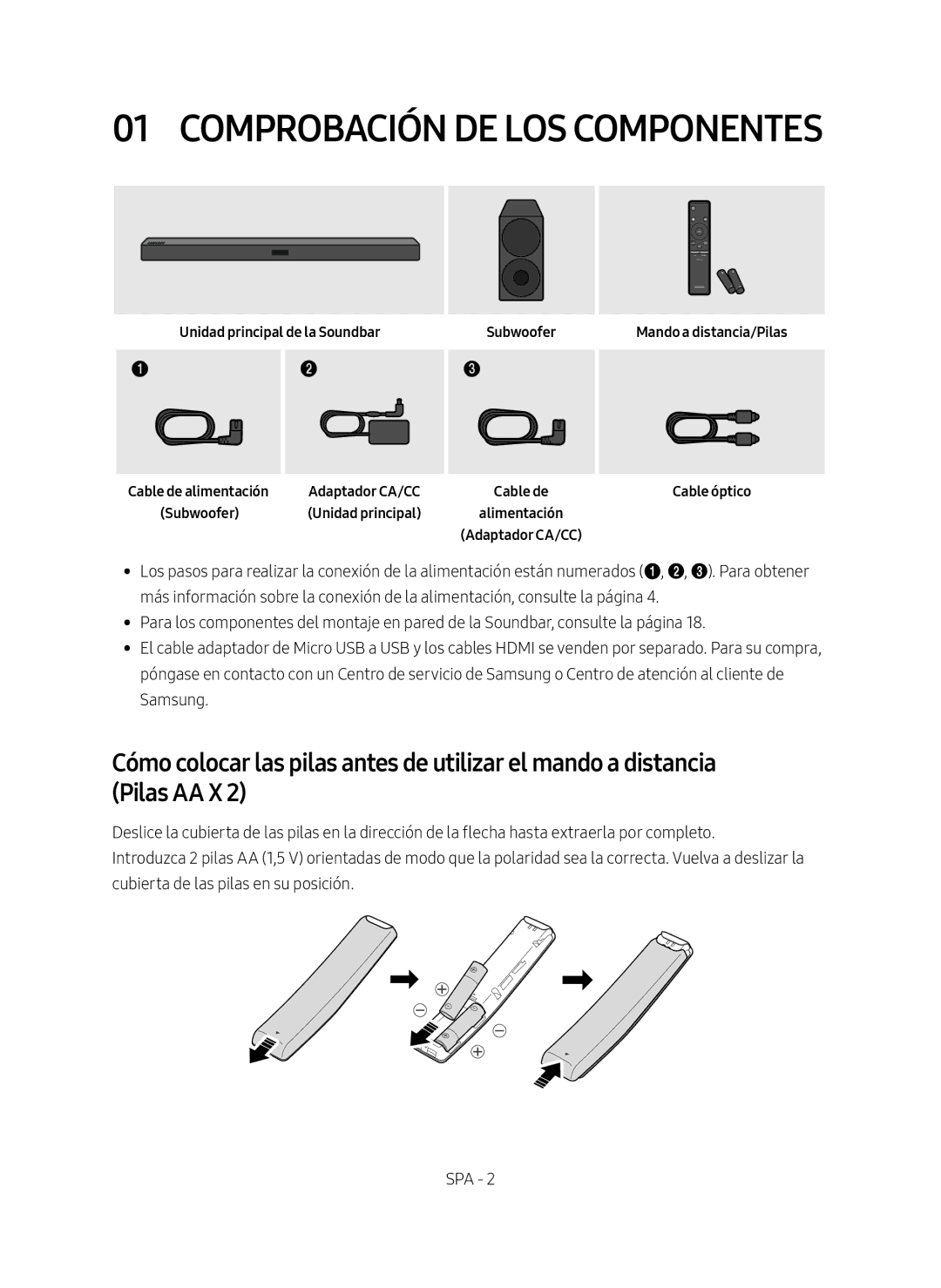 Samsung HW-M450/ZG, HW-M450/EN, HW-M450/ZF manual Unidad principal de la Soundbar Subwoofer, Adaptador CA/CC 