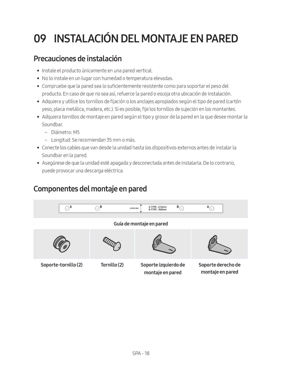 Samsung HW-M450/ZF manual Instalación DEL Montaje EN Pared, Precauciones de instalación, Componentes del montaje en pared 